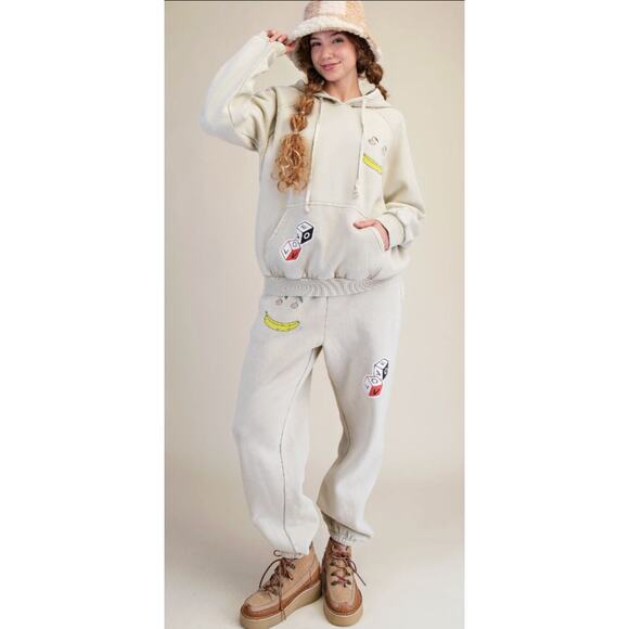 Easel Women Happy Kahki Fleece Jogger Hoodie Set Mineral Wash Athleisure - Picture 1 of 3